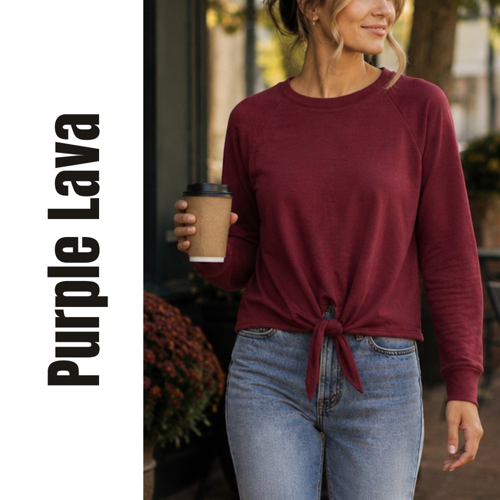 Purple Lava, Burgundy Front Tie Knot Raglan Cropped Sweatshirt Size Small
